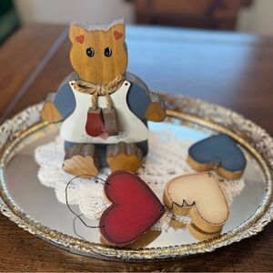 Vintage Wooden Pig with Heart Garland Bundle- Red, Cream, Blue